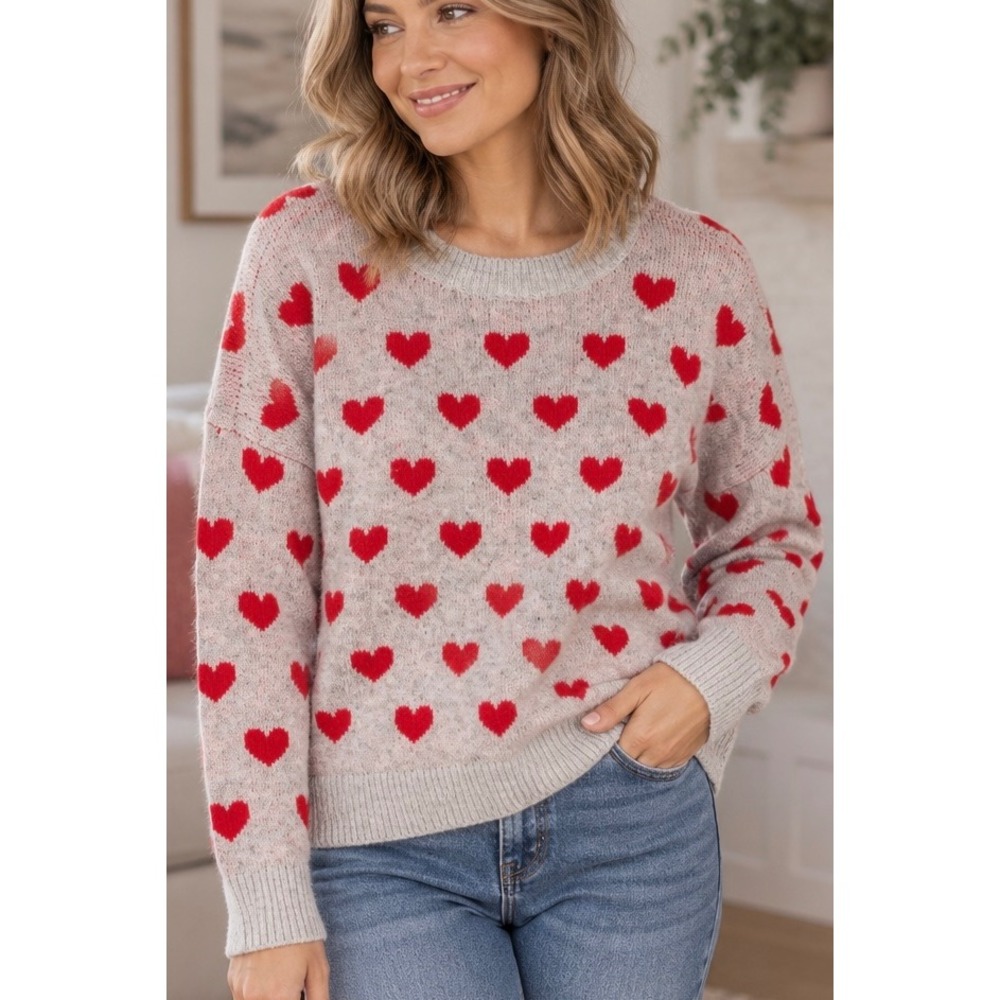CeCe Grey Red Heart Intarsia Knit Sweater Medium Valentine's Day Pullover